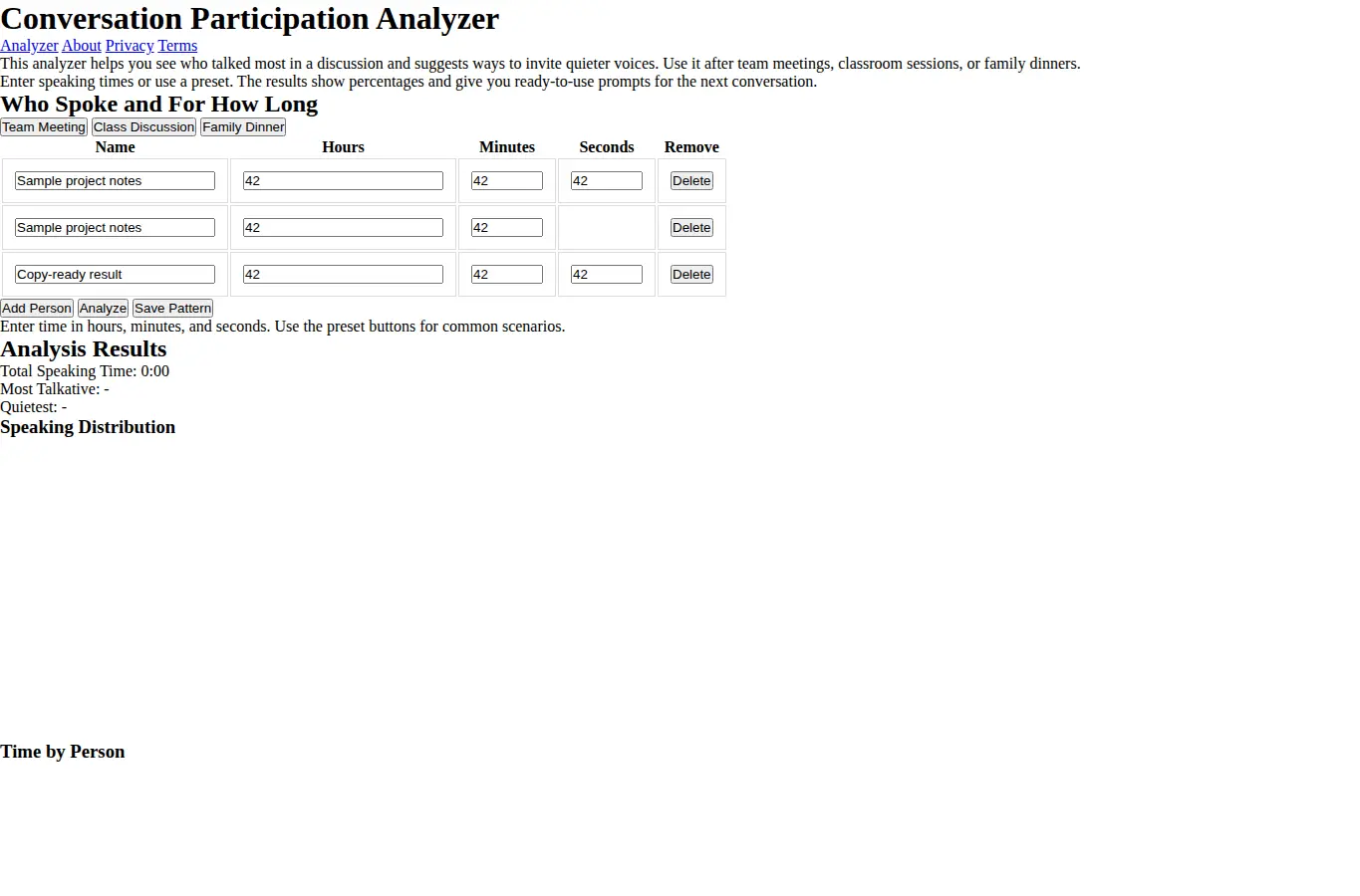 Screenshot of Conversation Participation Analyzer interface showing the project page in use